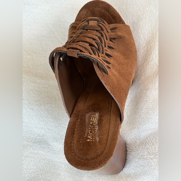 Michael Kors Brown Suede Mules with Gold Accents High Heels Size 6 - Picture 5 of 10